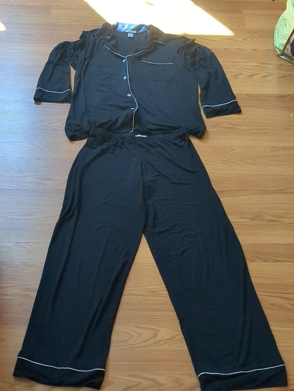 Eberjey Gisele Tencel modal black white trim button up long pajama set,-158.00 - Picture 3 of 9